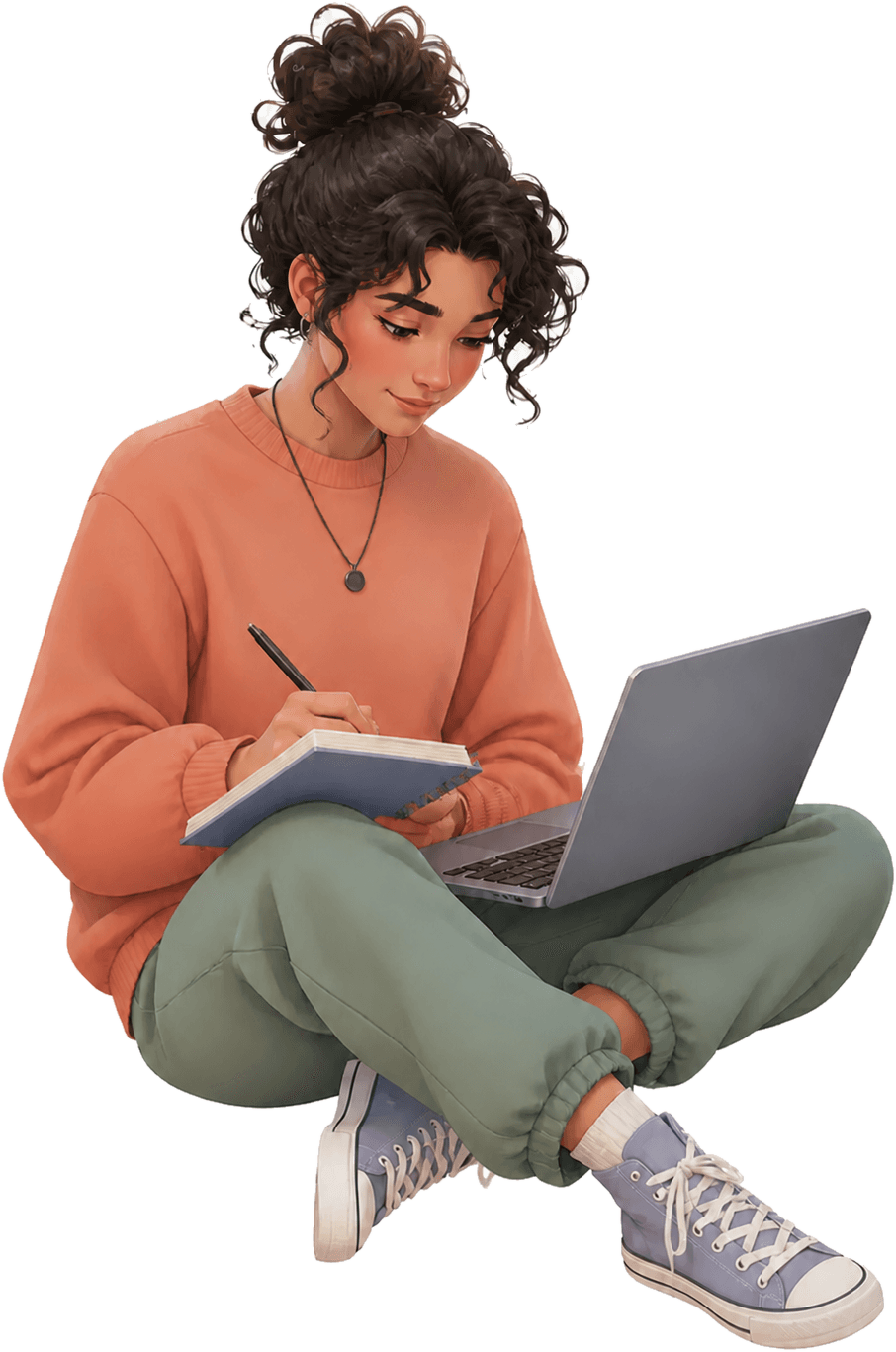 A learner writing notes beside an open laptop